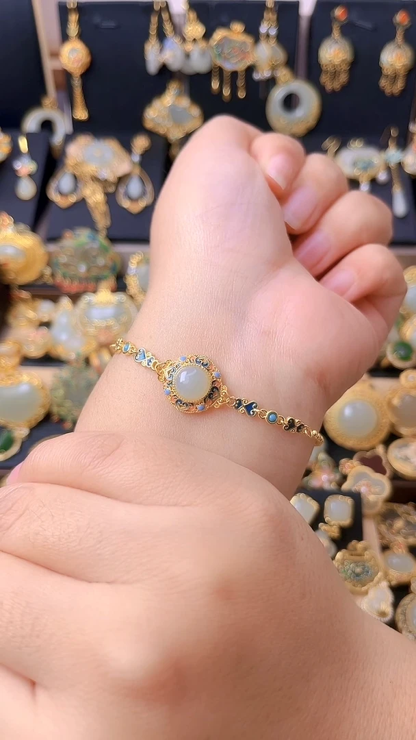 套链银S925镀金镶嵌和田玉珐琅小蛋面手链