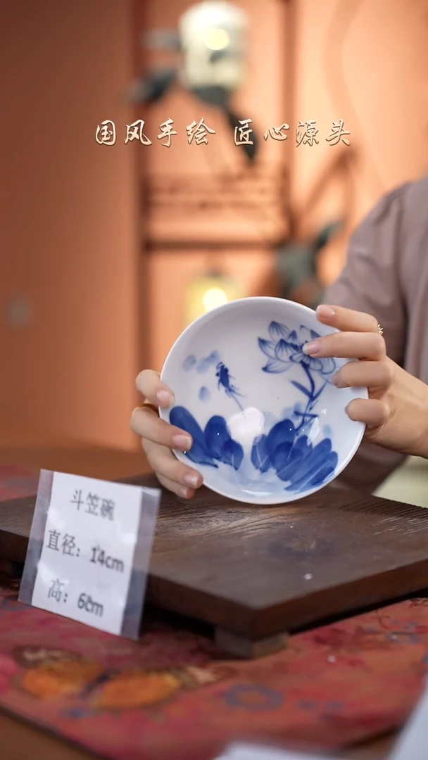 陶瓷景德镇高温釉中彩斗笠碗直径14高6