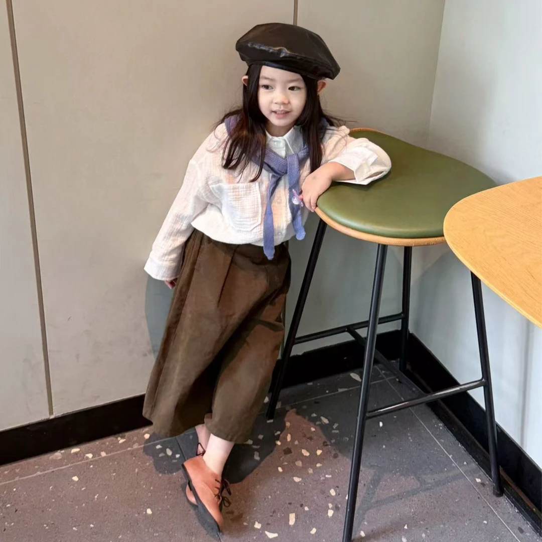 小思家女童2025秋季气质学院风翻领长袖衬衫韩版宽松阔腿裤套装