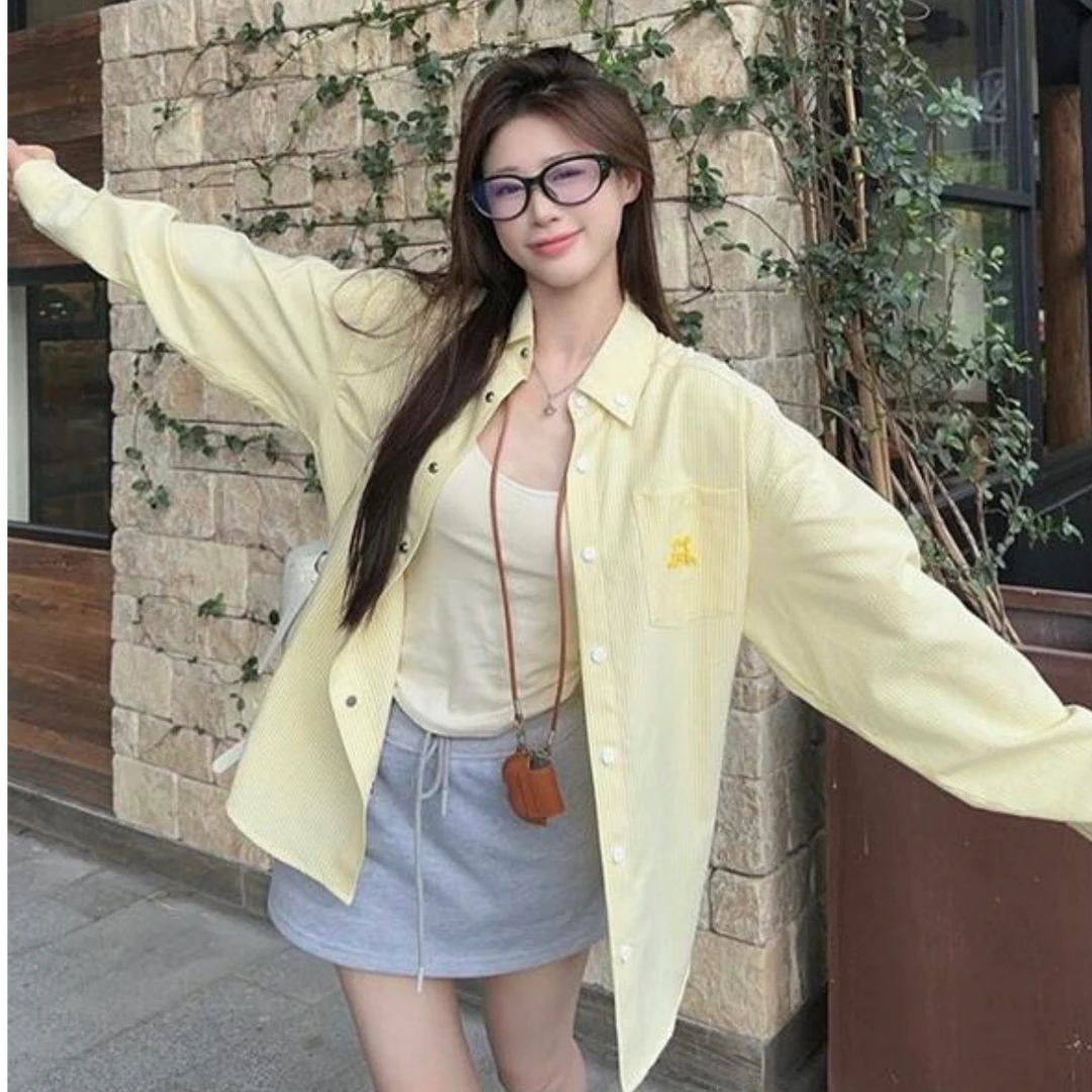 日系甜美小狗条纹长袖衬衫女春季宽松法式设计感小众休闲百搭上衣