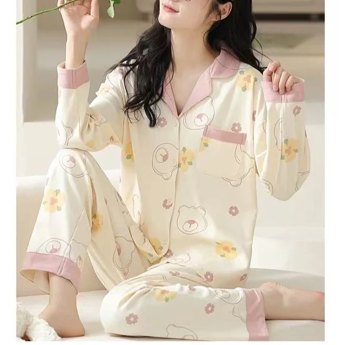 女士春季舒适柔软亲肤带胸垫印花翻领家居服睡衣套装H2945