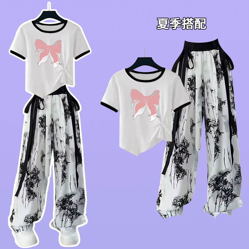 新中式水墨画冰丝裤套装女童夏季韩版休闲中大童阔腿裤两件套国潮