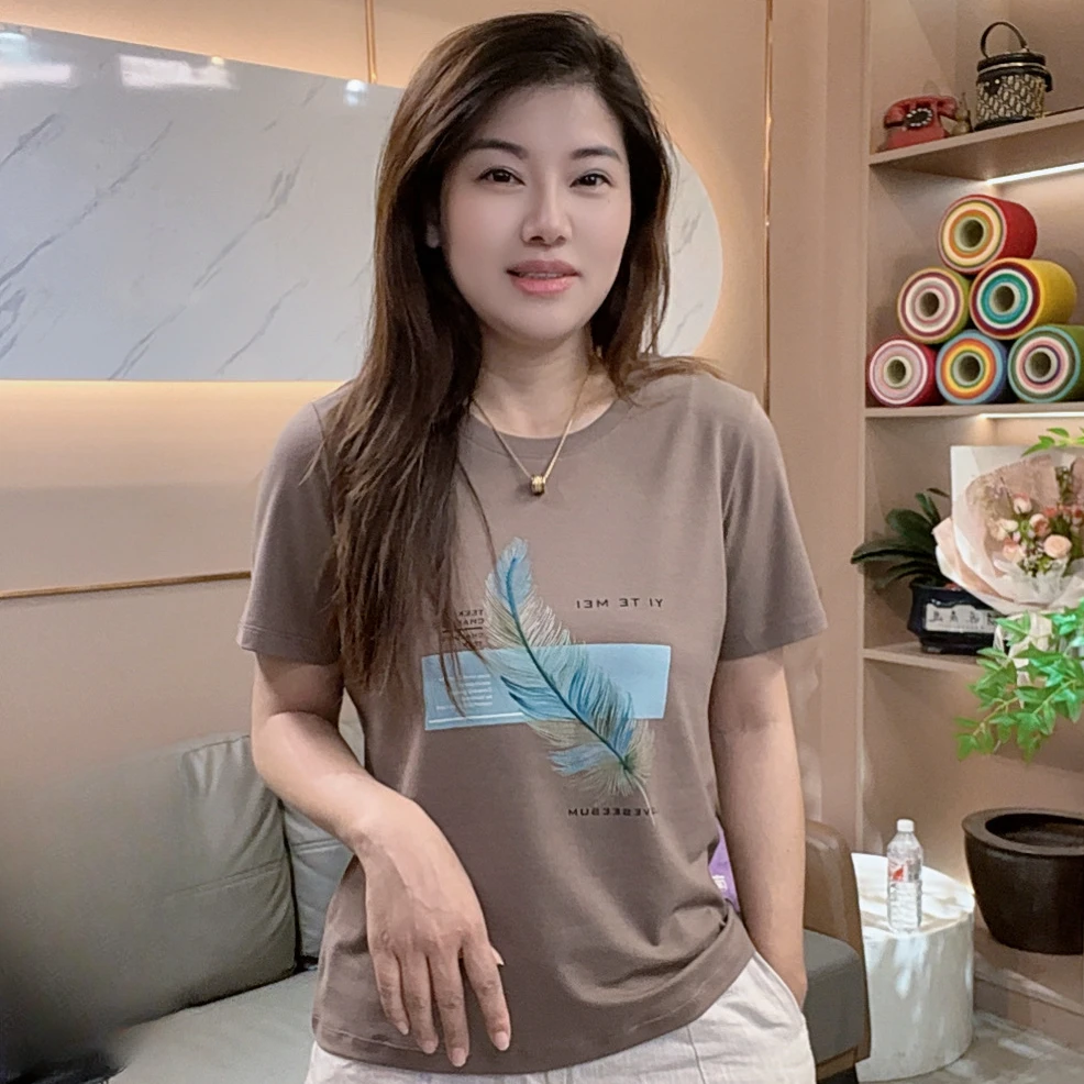 怡特美【凤羽】夏季莱赛尔棉印花宽松大板女装短袖t恤256678