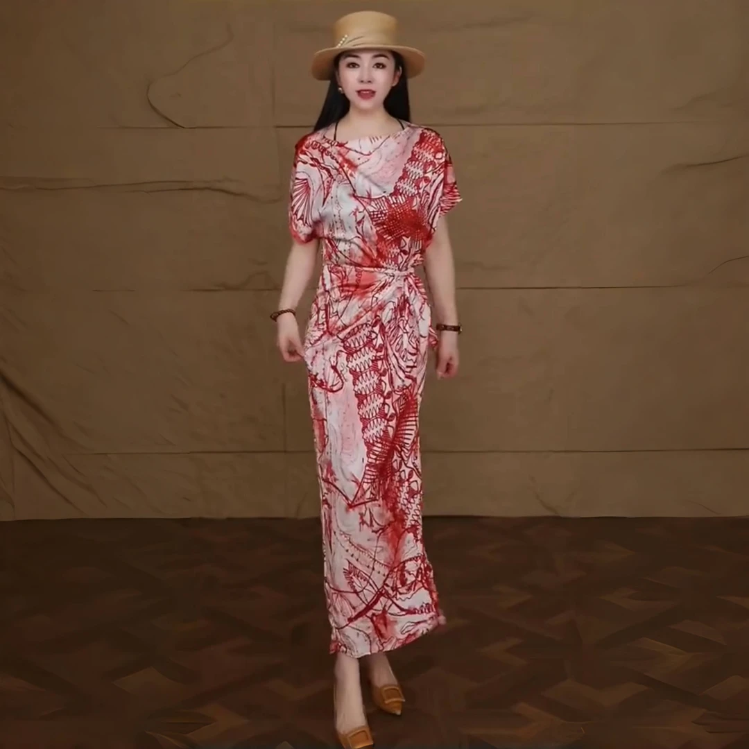 MMA2501重磅6A级100%桑蚕丝长裙优雅印花风常规宽松腰夏季连衣裙