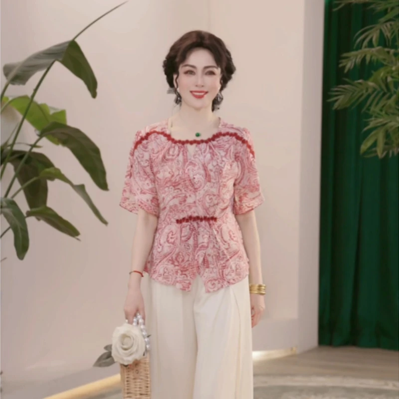 妈妈装夏装25薄款时尚两件套气质中老年女装中年洋气小衫上衣套装