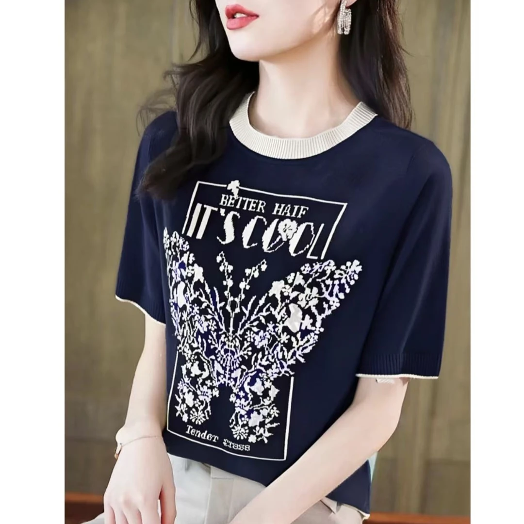 夏季莱赛尔天丝薄款百搭时尚针织衫短袖上衣女1190