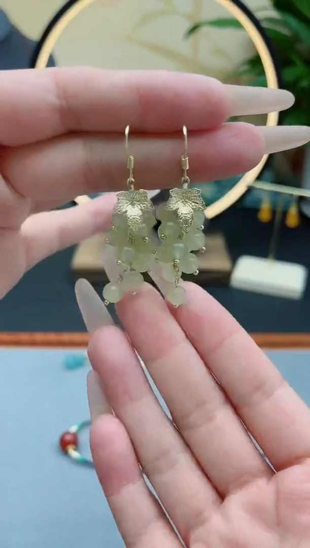 东陵石银S925镶嵌耳饰00葡萄青色