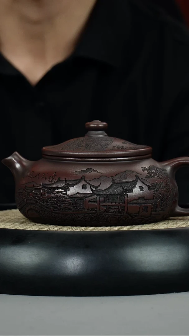 茶壶紫砂古乌泥 寒江 刻绘山水