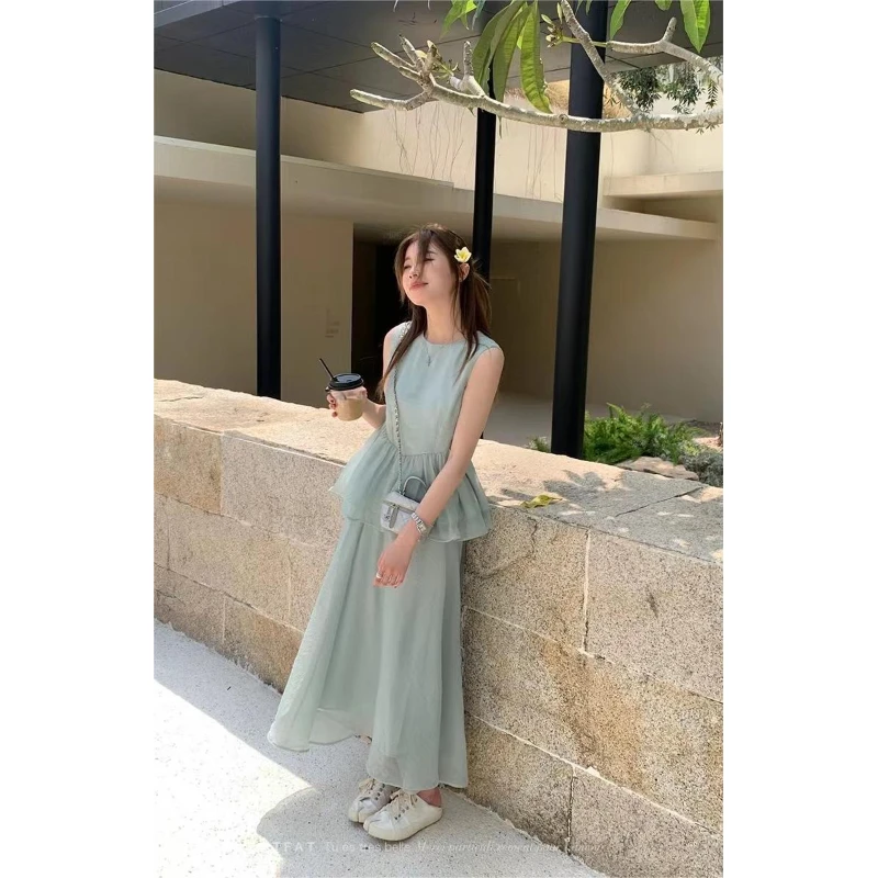 Y17A29-XH清冷感水蓝色套装夏季减龄娃娃衫背心+超仙半身裙两件套