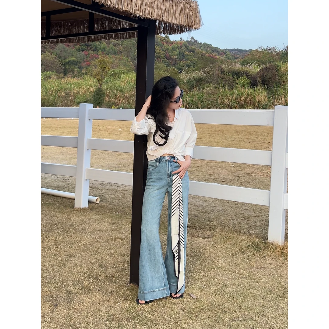 阔腿牛仔裤小个子2025年春季新款正品高腰显瘦不贴腿微喇裤子女款