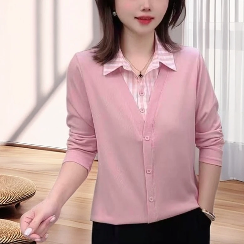 2025秋季新款翻领减龄百搭衬衫显瘦拼接女士格子领假两件衬衣小衫