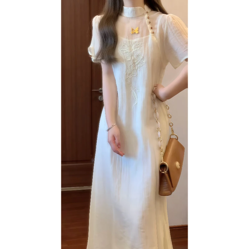 新中式国风高级设计感荷花刺绣宽松改良旗袍外衫搭吊带连衣裙9611