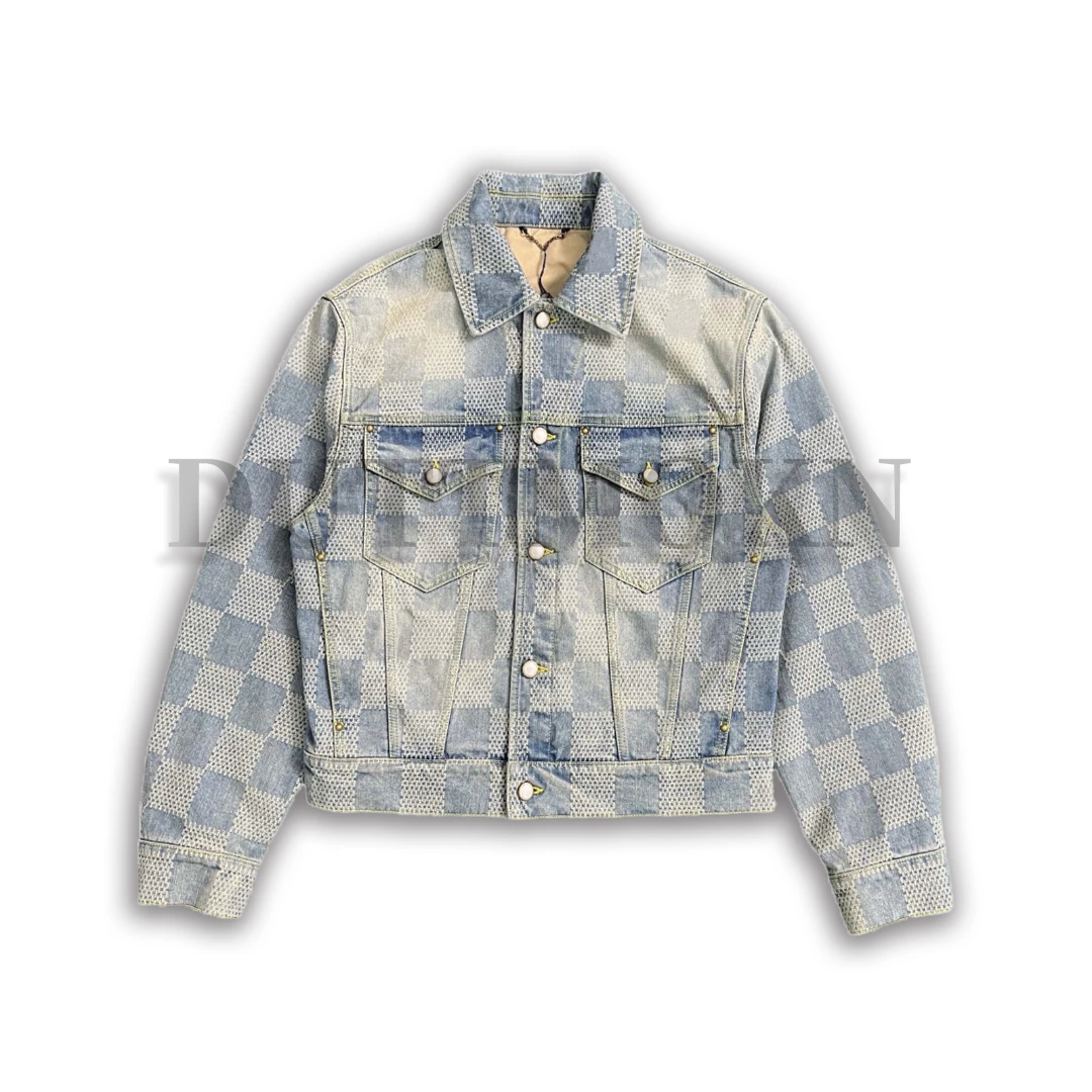 DUTTMOKN2024秋冬秀款棋盘格夹克牛仔蓝色短款时尚百搭潮流男士