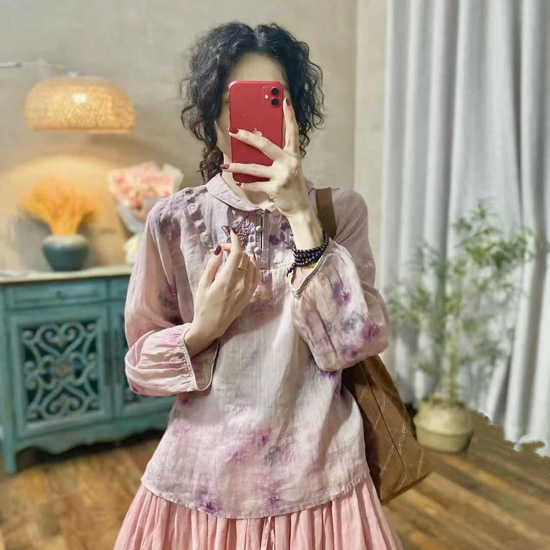 喜卓7019春季上新苎麻刺绣印花款文艺减龄宽松休闲衬衫