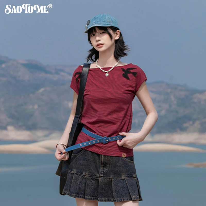 早乙女惠子「飞鸟系列」saotome 复古贴布绣斜肩短袖T恤红黑条2269