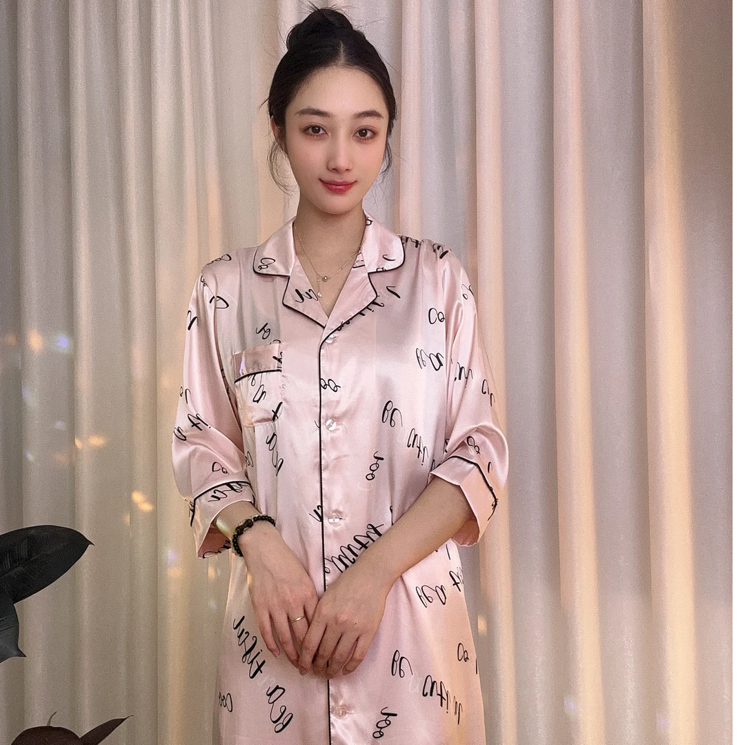 琼品夏天薄款女士长款睡裙夏季性感纯欲风2025时尚衬衣翻领睡衣