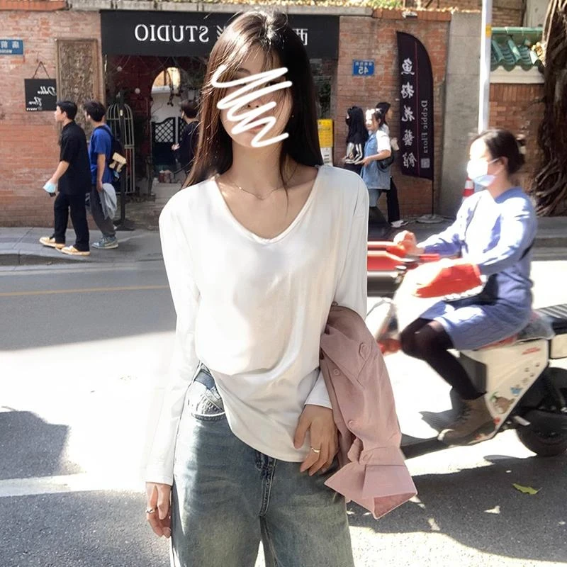 (有运险)2025早秋简约纯色白色大v领宽松慵懒感冰感弹力长袖t恤女