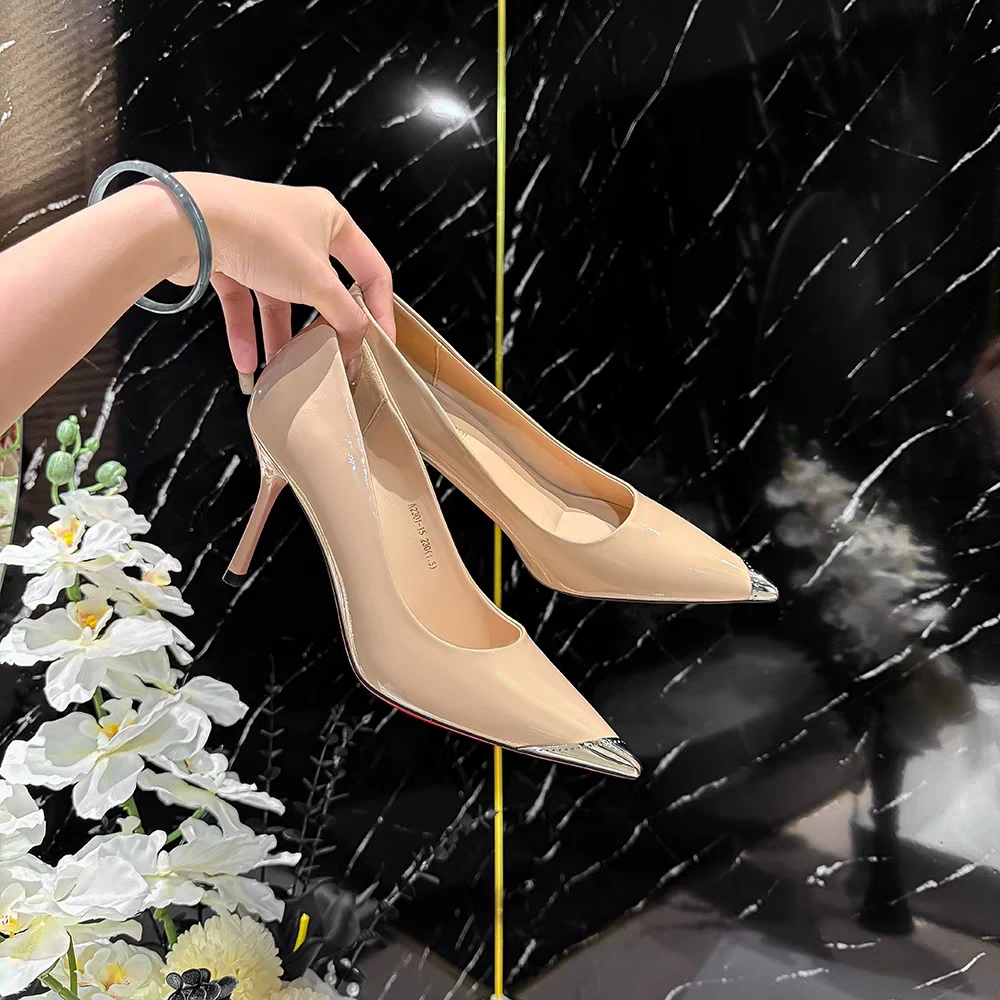 131169金属尖头细跟御姐风高跟鞋裸色新款女鞋气质时尚性感单鞋