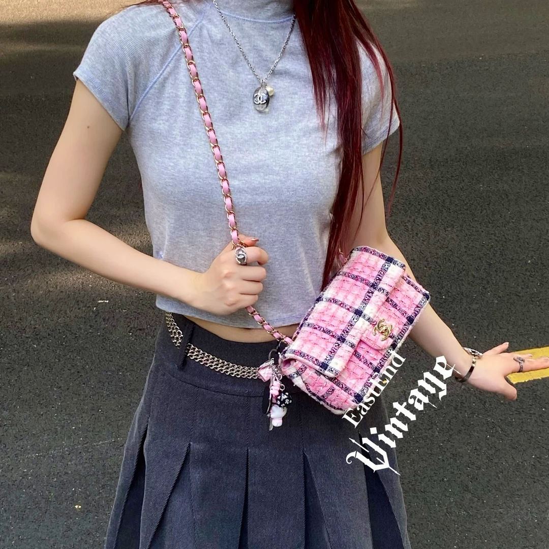 95新 Chanel/香奈儿 東区-芯片24s粉格纹大mini单肩包/10430