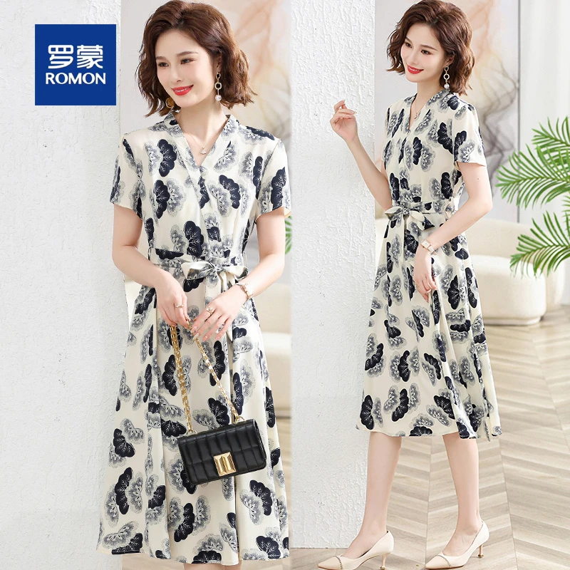 罗蒙中年妈妈夏装连衣裙高贵夫人夏款雪纺长裙中老年女夏季裙子