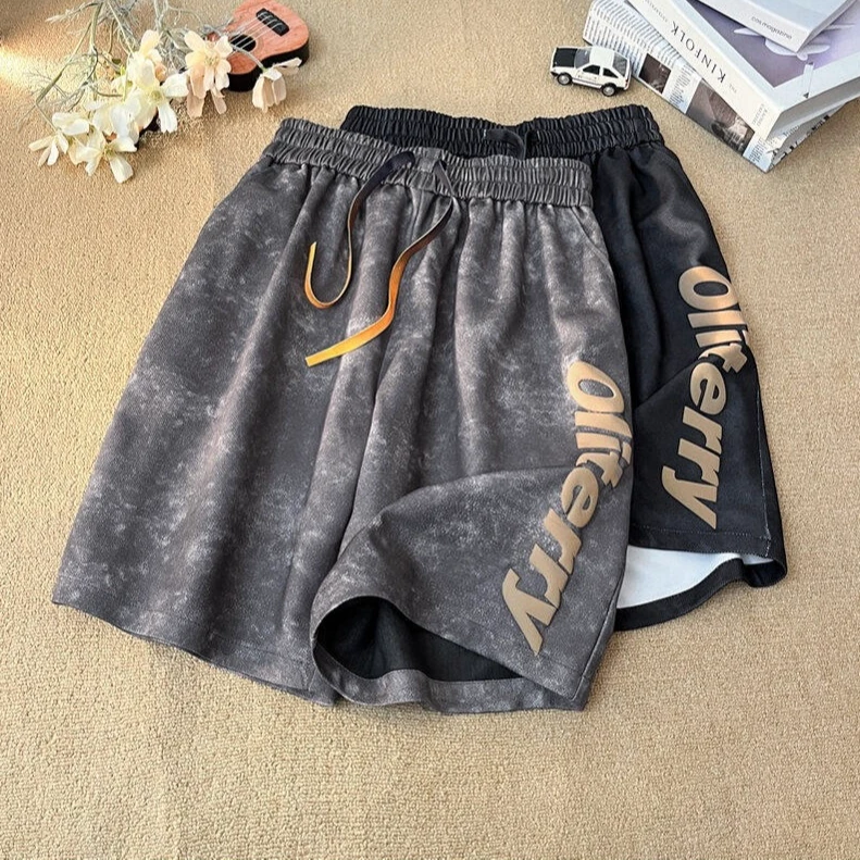 短裤男款夏季宽松潮流扎染直筒休闲裤子青少年美式印花五分运动裤