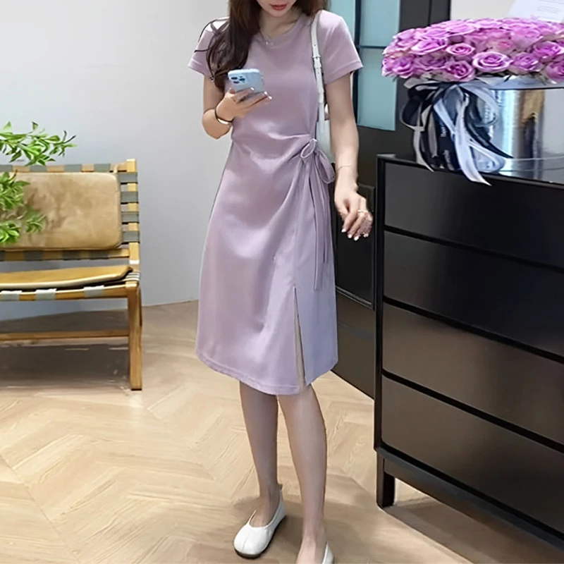 夏季气质开叉短袖连衣裙女2025新款收腰显瘦高级感小众设计感裙子