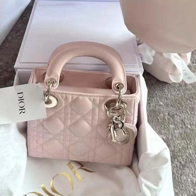95新 DIOR/迪奥 GGS戴妃三格粉色银扣羊皮单肩85557298