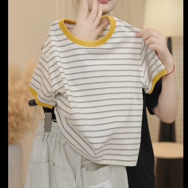 现货-【兔小呗】夏装儿童韩版时尚撞色条纹宽松百搭短袖T恤SJ5741