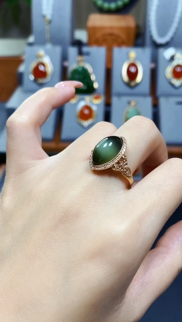 18K金镶嵌戒指和田玉碧玉猫眼戒指*玫瑰金色