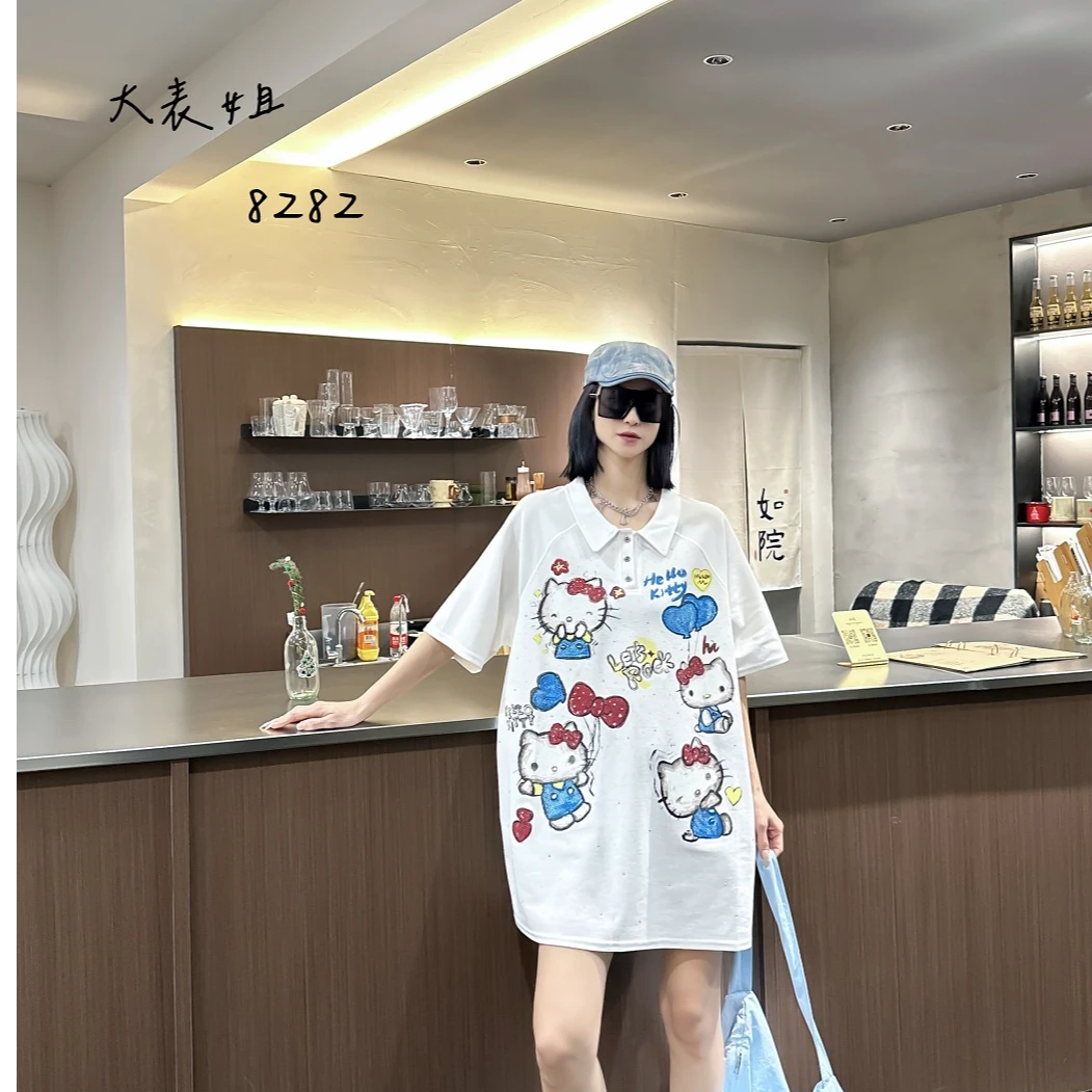 8282胖MM短袖宽松特大码T恤韩版休闲夏款宽松卡通猫重工百搭时尚