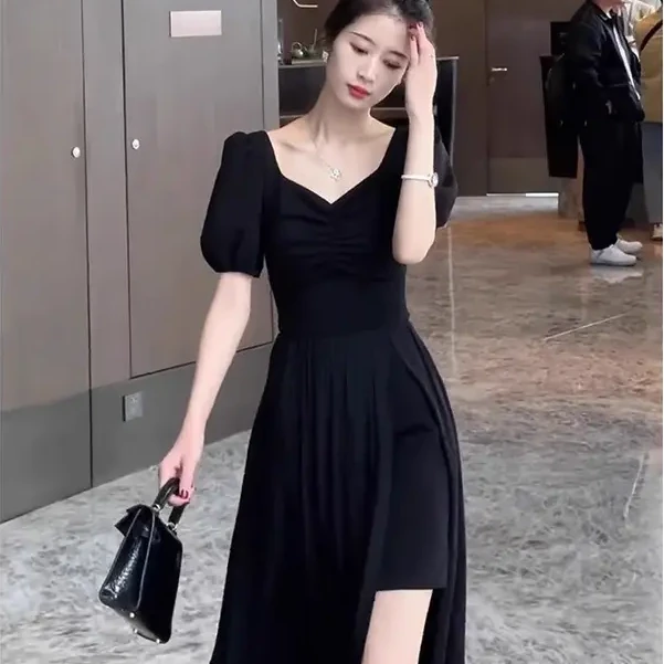 A146法式赫本风黑色连衣裙纯欲气质开叉长裙收腰显瘦小黑裙女夏