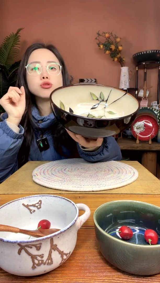 陶瓷9英寸手绘竹叶大汤碗 微瑕疵