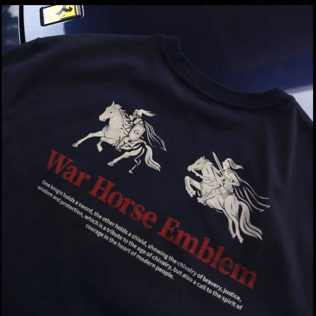 【清货】战马印花T恤数码直喷重磅日常纯棉透气圆领宽松休闲短袖
