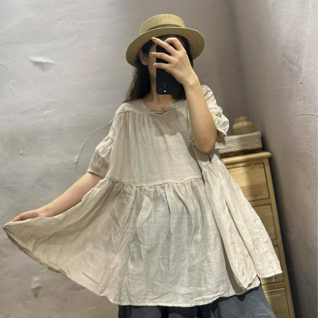 【半奏】夏季新款纯色净版捏摺苎麻中长款大版娃娃衫胸围150衣长80