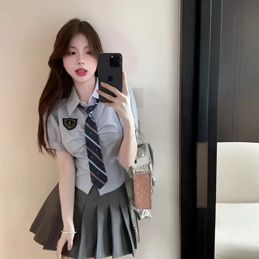 2025新款制服套装女学院风纯欲短款衬衫高腰半身短裙两件套夏季