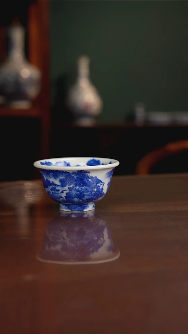 晓月柴窑 山水压手杯