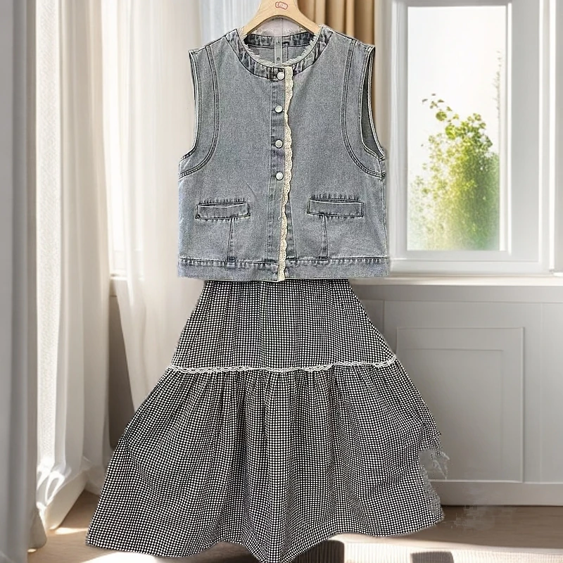 [420]2025夏季新款女装黑色格子半身裙女宽松显瘦套装