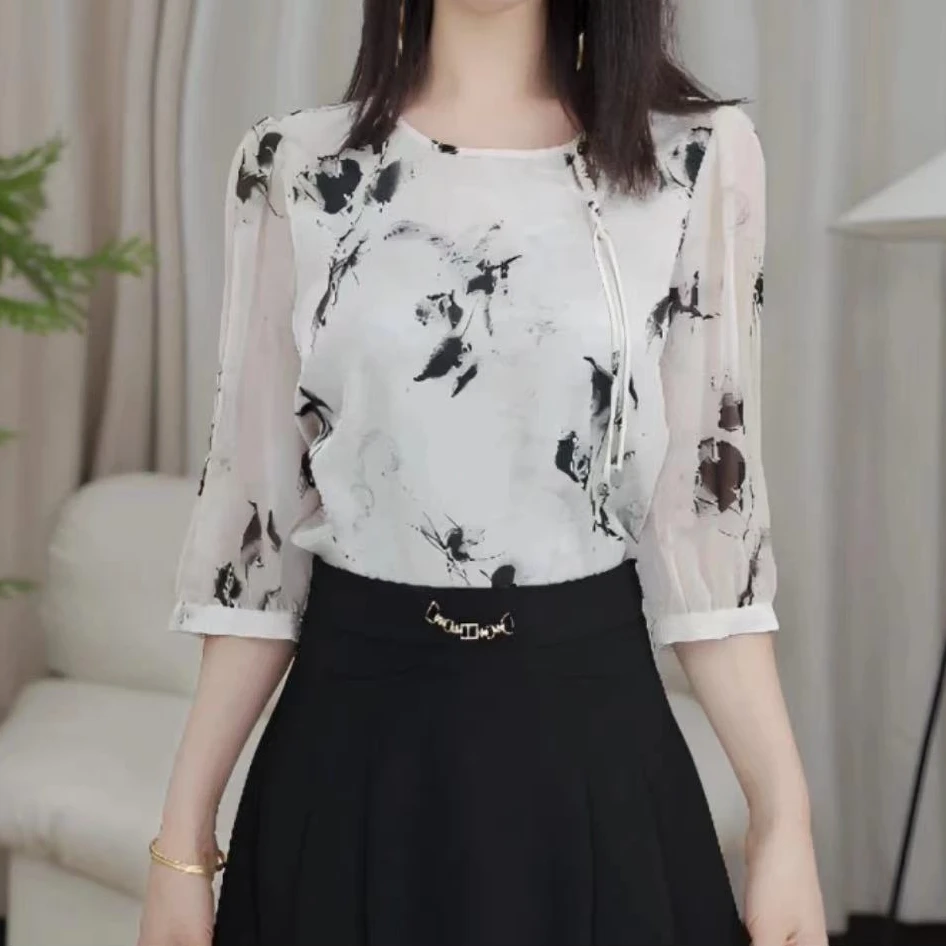 【SY175】新中式水墨印花短袖衬衫女士夏装新款高级感复古气质上衣