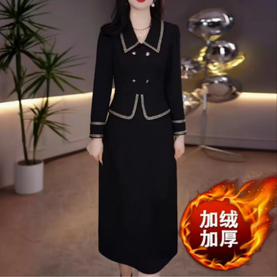 YY新款气质加绒加厚款保暖显瘦假两件黑色连衣裙3241