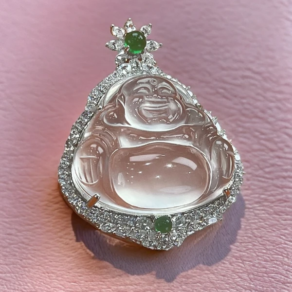 俄料国标S925银镶佛公吊坠天然石英质玉