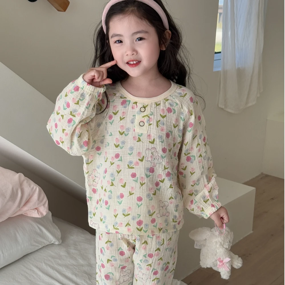 儿童无骨纯棉纱布家居服套装春夏男女童宝宝长袖空调服睡衣套装