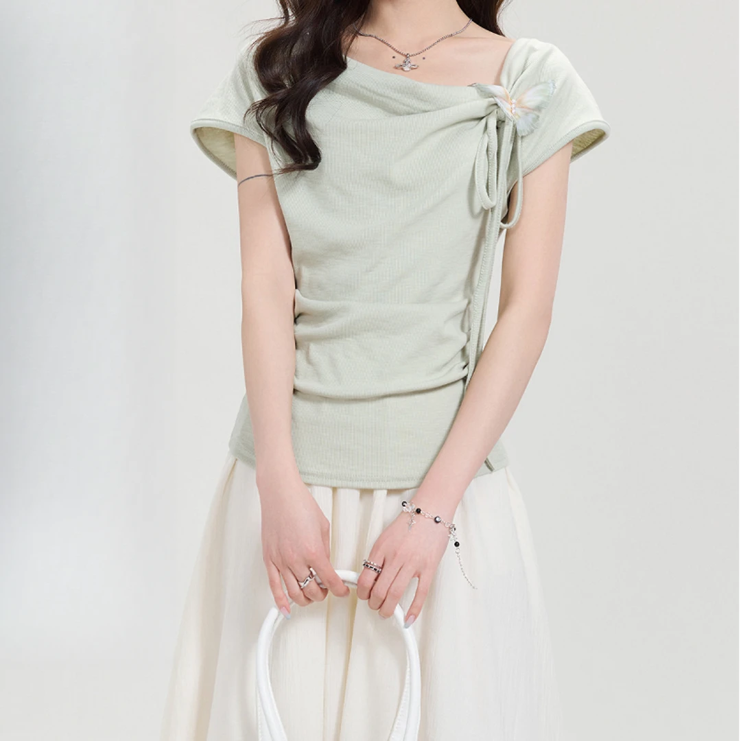 法式气质绿色短袖T恤女装时尚精夏季设计感别致绝美体恤上衣显瘦