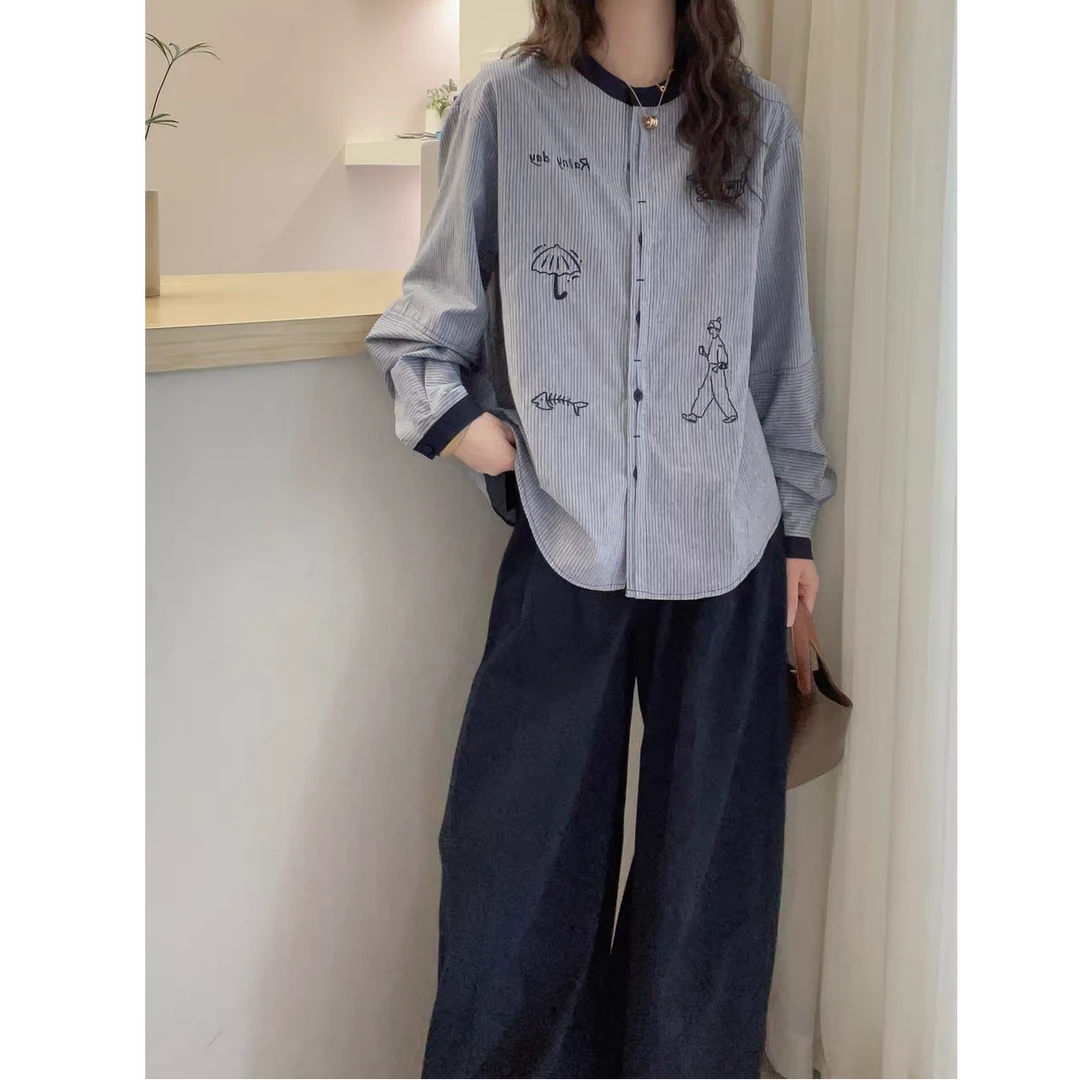 欧洲站2025早秋新款欧货涂鸦刺绣竖条圆领衬衫女春秋宽松衬衣上衣