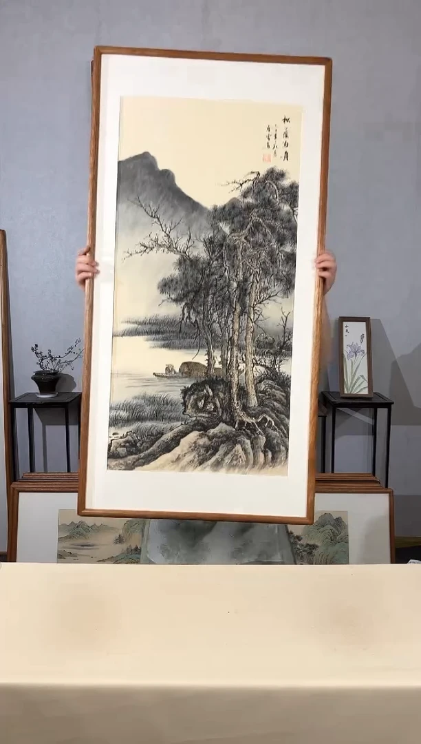 国画手绘*松荫泊舟*62*122cm带框发货