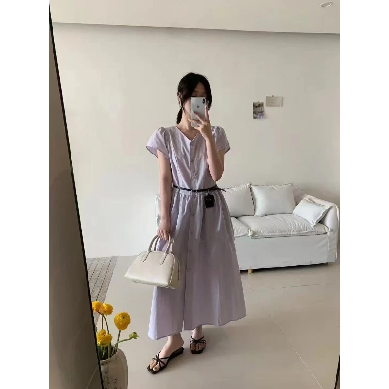 J17927-夏季新款韩版时尚百搭休闲显瘦V领甜美温柔泡泡袖连衣裙女