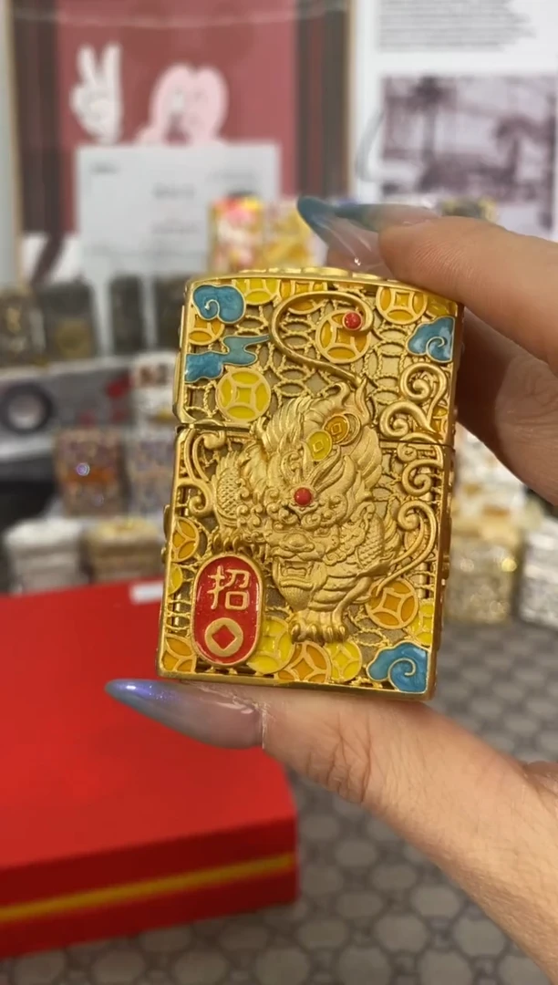 镜面ZIPPO打火机-八方来财金貔貅-礼盒礼袋+礼包+紫光灯