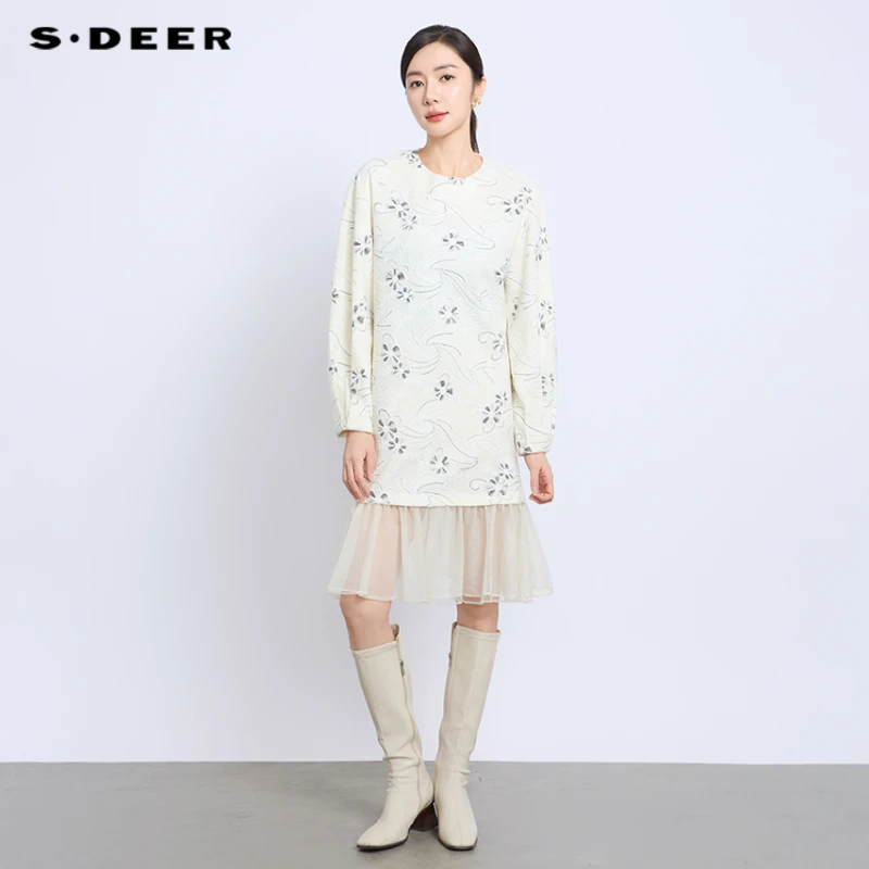 S·DEER圣迪奥中式国风印花裙子圆领减龄时尚轻奢气质高端连衣裙