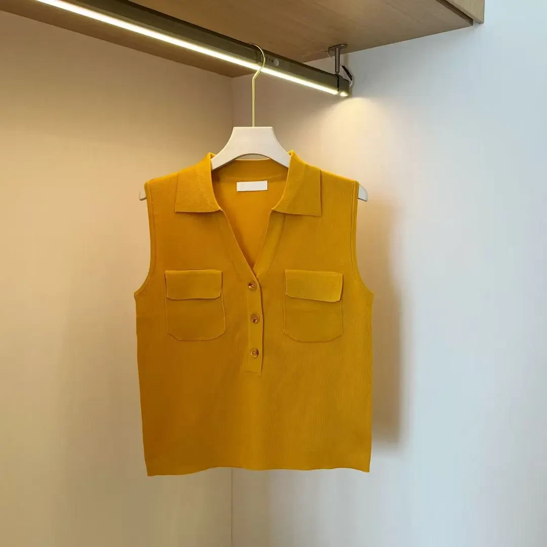 2025年夏季单排扣V领气质显瘦针织无袖上衣纯色简约W1-98