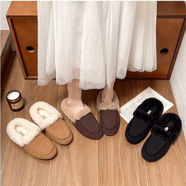 时尚复古外穿加绒保暖一脚蹬毛拖