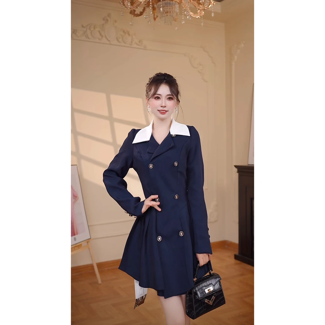【瑞瑞定制】【有里布】气质显瘦蓝色西装女春秋款百褶短裙D3467